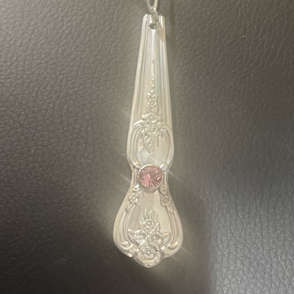 Vintage silverware necklace.  Pink stone.  Silver plated chain.